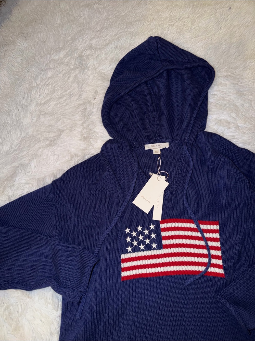 NWT Brit NY Navy Knit Hoodie Sweater with Flag Graphic size XL